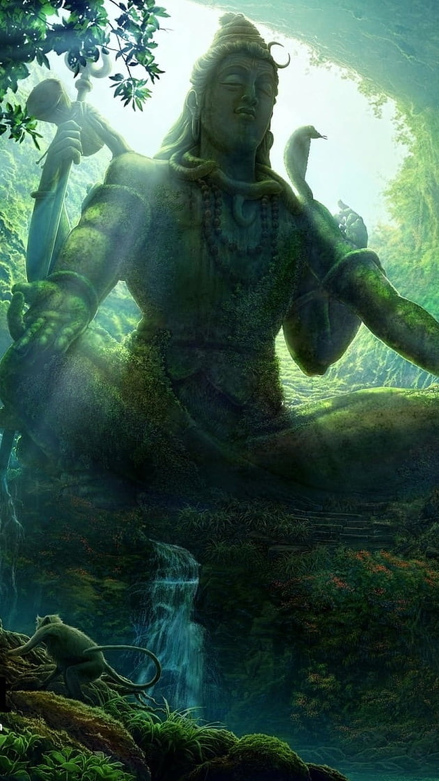 Majestic moss-covered Shiva statue in a mystical jungle with waterfall and monkey HD phone wallpaper