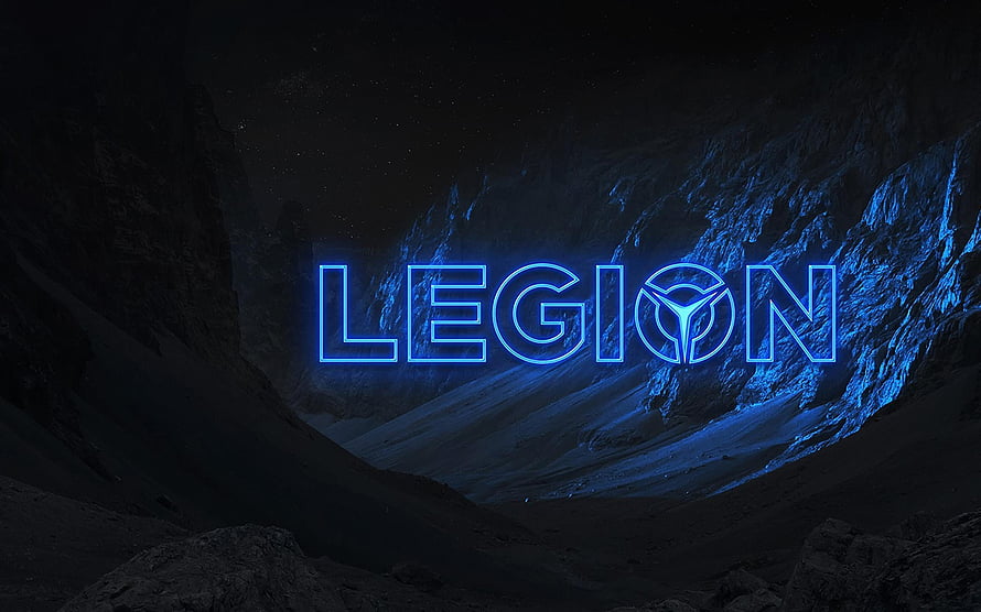Lenovo Legion Neon Blue Logo Glowing in Dark Mountain Canyon Night Sky HD wallpaper