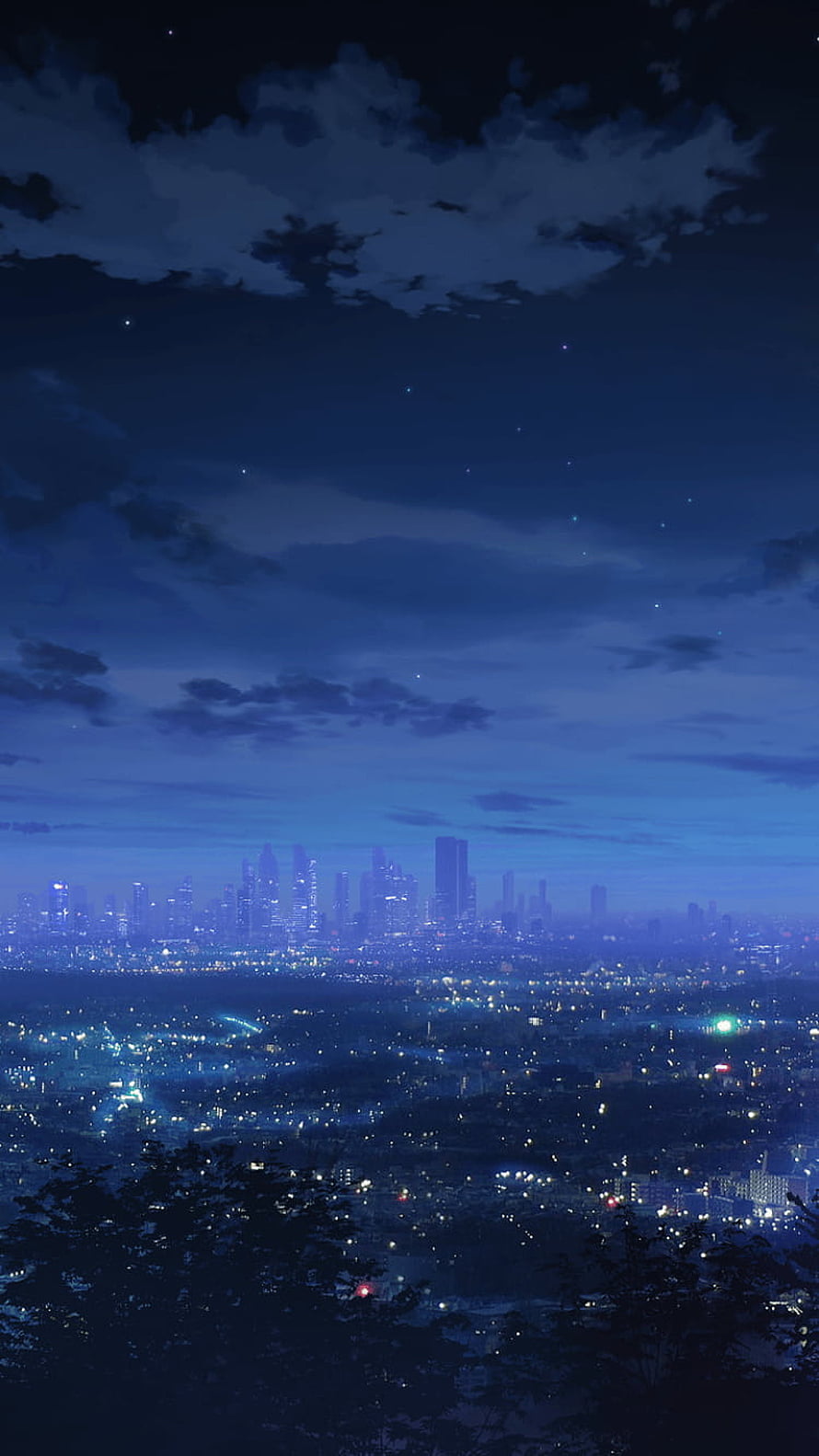 Anime Style Night Sky Over Glowing City Skyline With Stars And Clouds HD phone wallpaper