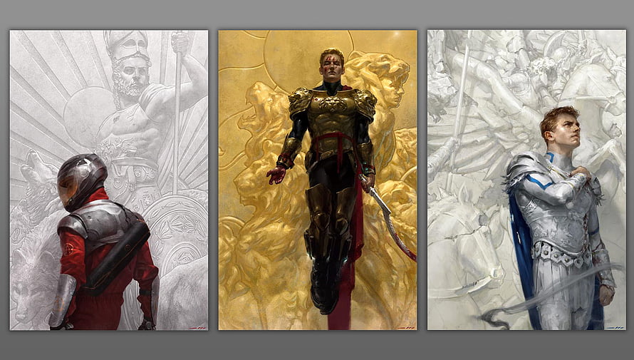 Red Rising Concept Art Triptych Featuring Darrow in Golden Armor and Knightly Attire HD wallpaper