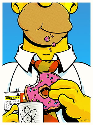Pop Art Homer Simpson Eating a Pink Donut at the Springfield Nuclear Power Plant HD phone wallpaper