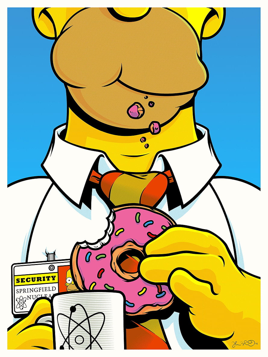 Pop Art Homer Simpson Eating a Pink Donut at the Springfield Nuclear Power Plant HD phone wallpaper