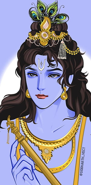 Blue Skinned Hindu God Krishna With Peacock Feather Crown And Golden Jewelry HD phone wallpaper