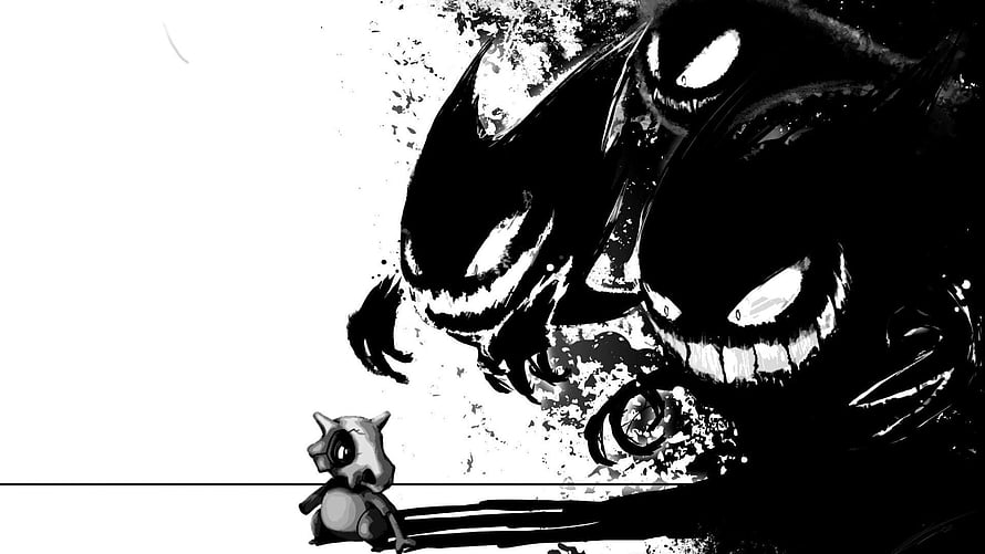 Cute Chibi Character Facing Giant Shadow Monster Black And White Horror Art HD wallpaper