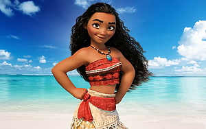 Moana standing confidently on a tropical beach with turquoise ocean and blue sky background HD wallpaper
