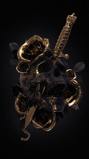 Ornate Golden Skull with Dagger and Black Roses on Dark Background HD phone wallpaper
