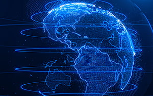 Glowing Blue Digital Earth with Orbital Network Rings and Global Connectivity Concept HD wallpaper