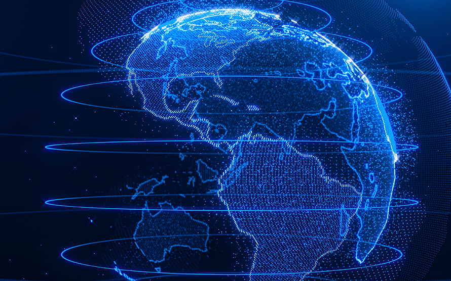 Glowing Blue Digital Earth with Orbital Network Rings and Global Connectivity Concept HD wallpaper