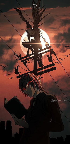 Kaneki Ken reading book with red eyes under a scarecrow silhouette against a sunset moon HD phone wallpaper