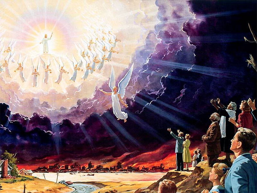 Second Coming of Jesus with Angels and Divine Light Over a Gathering Crowd HD wallpaper