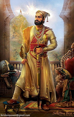 Portrait of a regal Indian king standing with a sword in a palace hall, wearing traditional royal attire and jewelry HD phone wallpaper