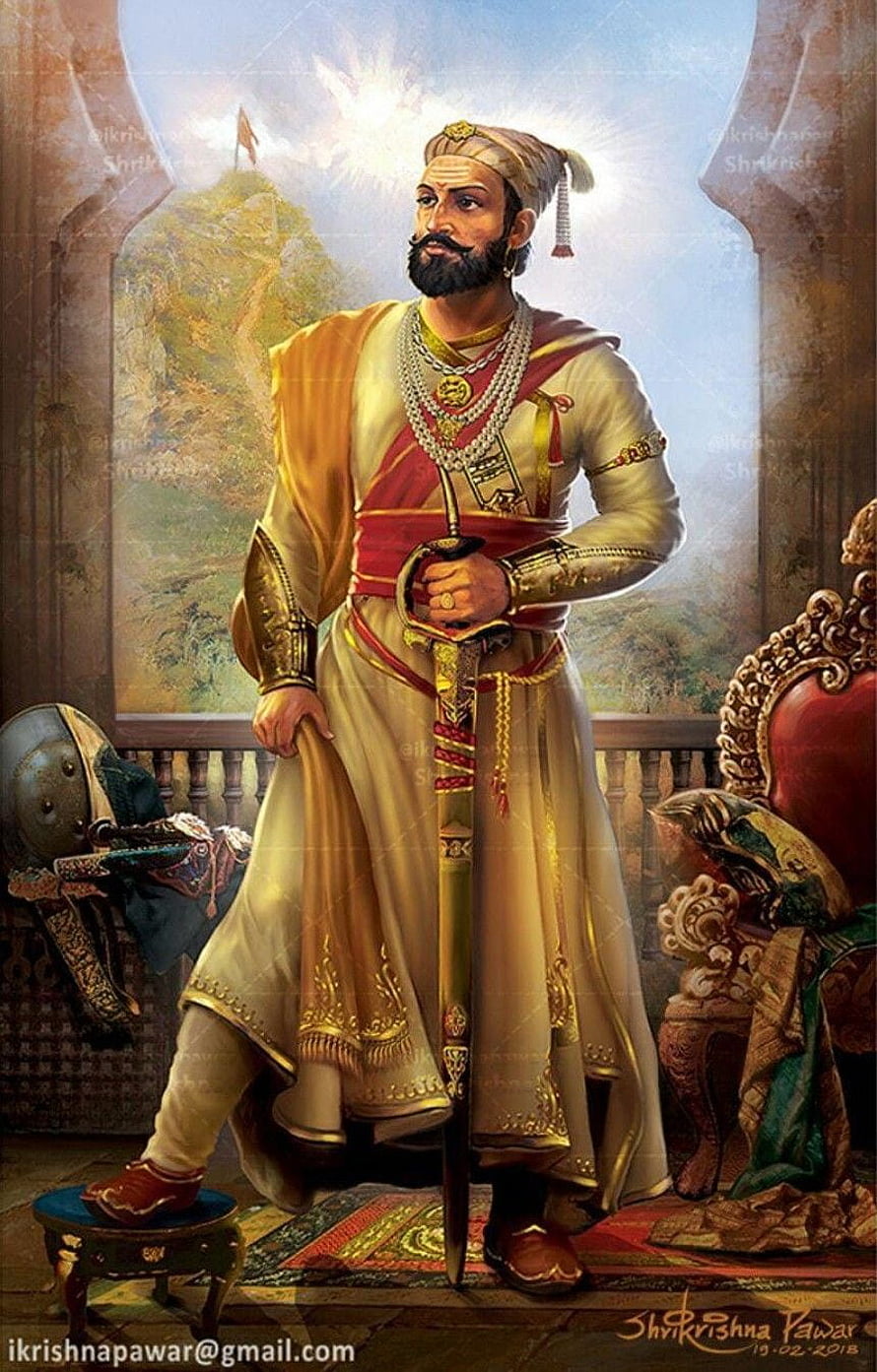 Portrait of a regal Indian king standing with a sword in a palace hall, wearing traditional royal attire and jewelry HD phone wallpaper