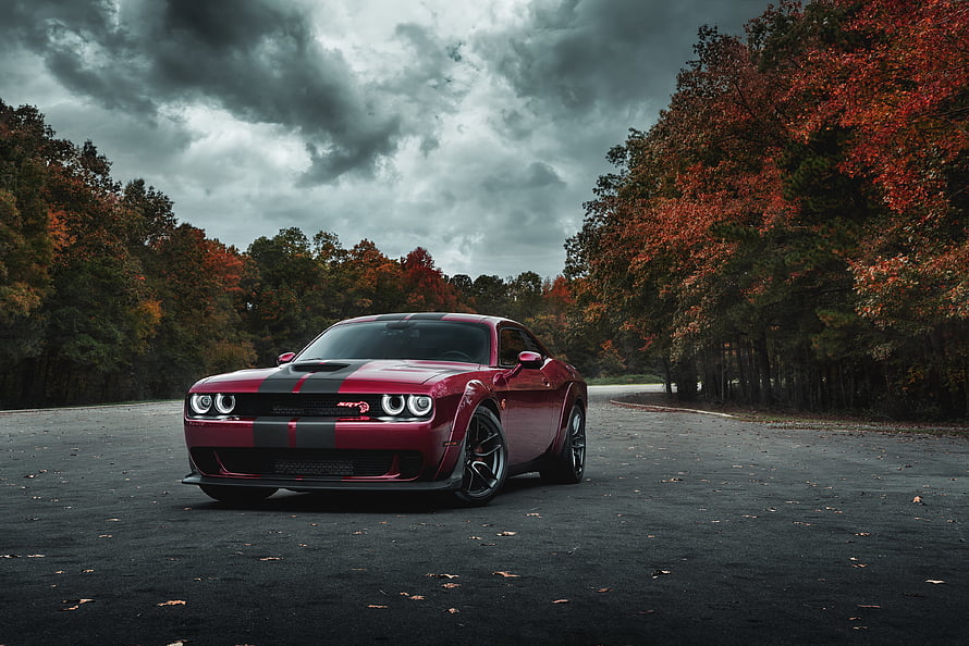 Red Dodge Challenger SRT Hellcat with Black Stripes on Autumn Road HD wallpaper