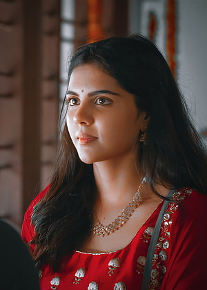 Kalyani Priyadarshan in a red embroidered blouse with gold jewelry and long dark hair HD phone wallpaper