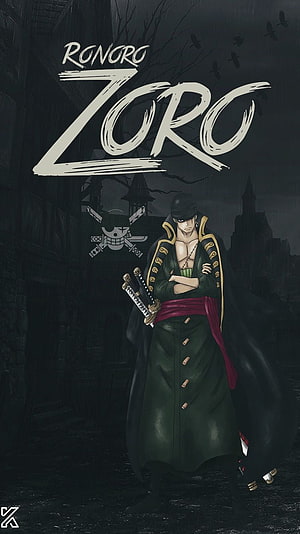 Ronoro Zoro from One Piece in Dark Green Coat with Swords in a Gloomy Castle Setting HD phone wallpaper
