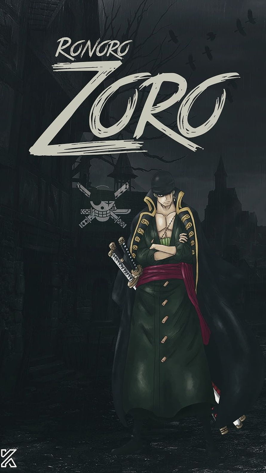 Ronoro Zoro from One Piece in Dark Green Coat with Swords in a Gloomy Castle Setting HD phone wallpaper