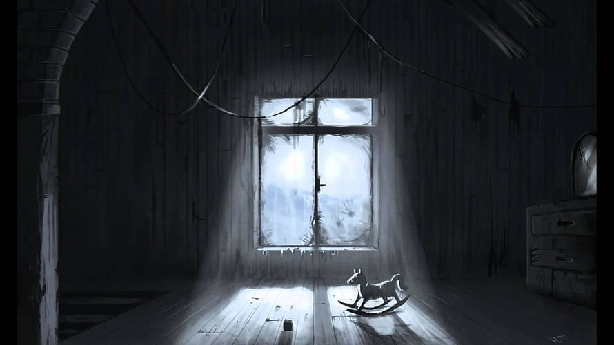 Eerie Abandoned Room with Rocking Horse and Moonlit Window HD wallpaper