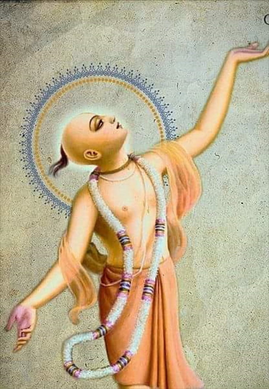 Chaitanya Mahaprabhu in a graceful dance pose with a radiant halo and traditional garland HD phone wallpaper