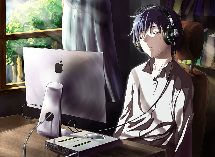 Anime Boy Crying at Apple iMac with Headphones in Sunlit Room HD wallpaper