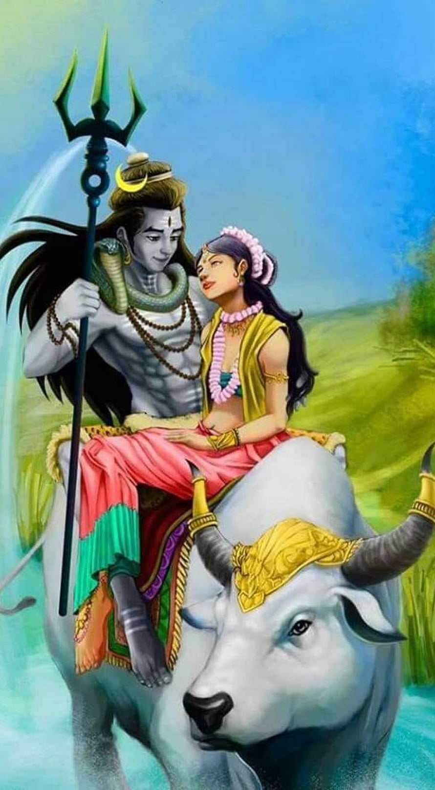 Shiva and Parvati Riding Nandi Bull Digital Art Wallpaper HD phone wallpaper