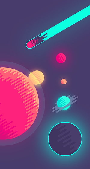 Neon Space Planets and Comet Abstract Illustration HD phone wallpaper