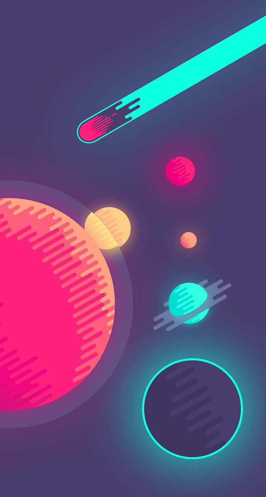 Neon Space Planets and Comet Abstract Illustration HD phone wallpaper