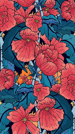 Vibrant Japanese Floral Illustration with Red Blooms and Teal Foliage HD phone wallpaper