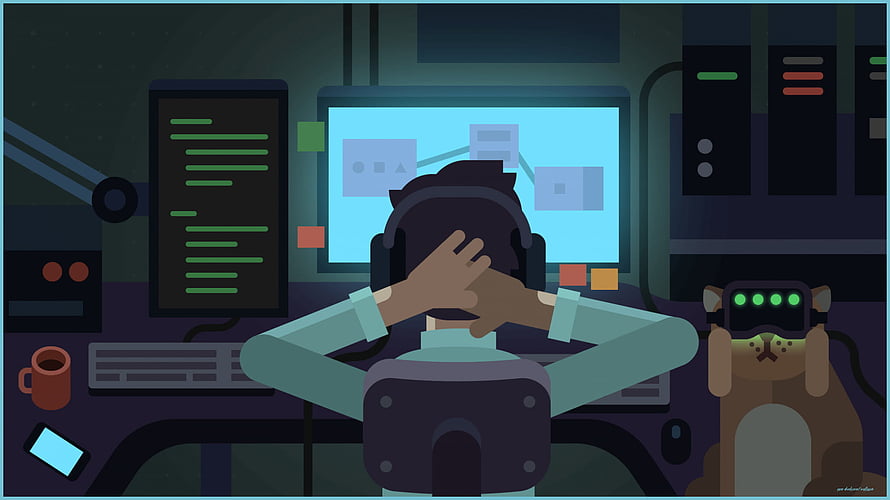Relaxed Programmer at Desk with Cat Wearing VR Headset Illustration HD wallpaper