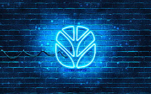 New Holland Agriculture neon logo glowing on a dark blue brick wall HD wallpaper