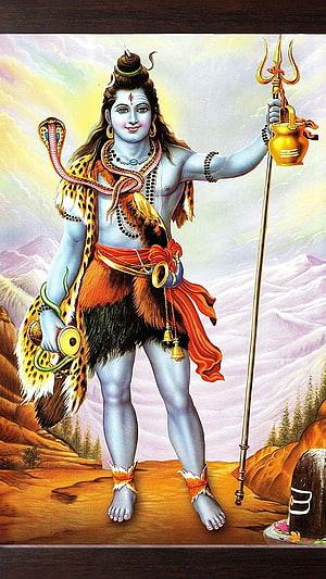 Lord Shiva Hindu God Wallpaper with Trishul, Snake, and Shiva Lingam in Mountain Landscape HD phone wallpaper