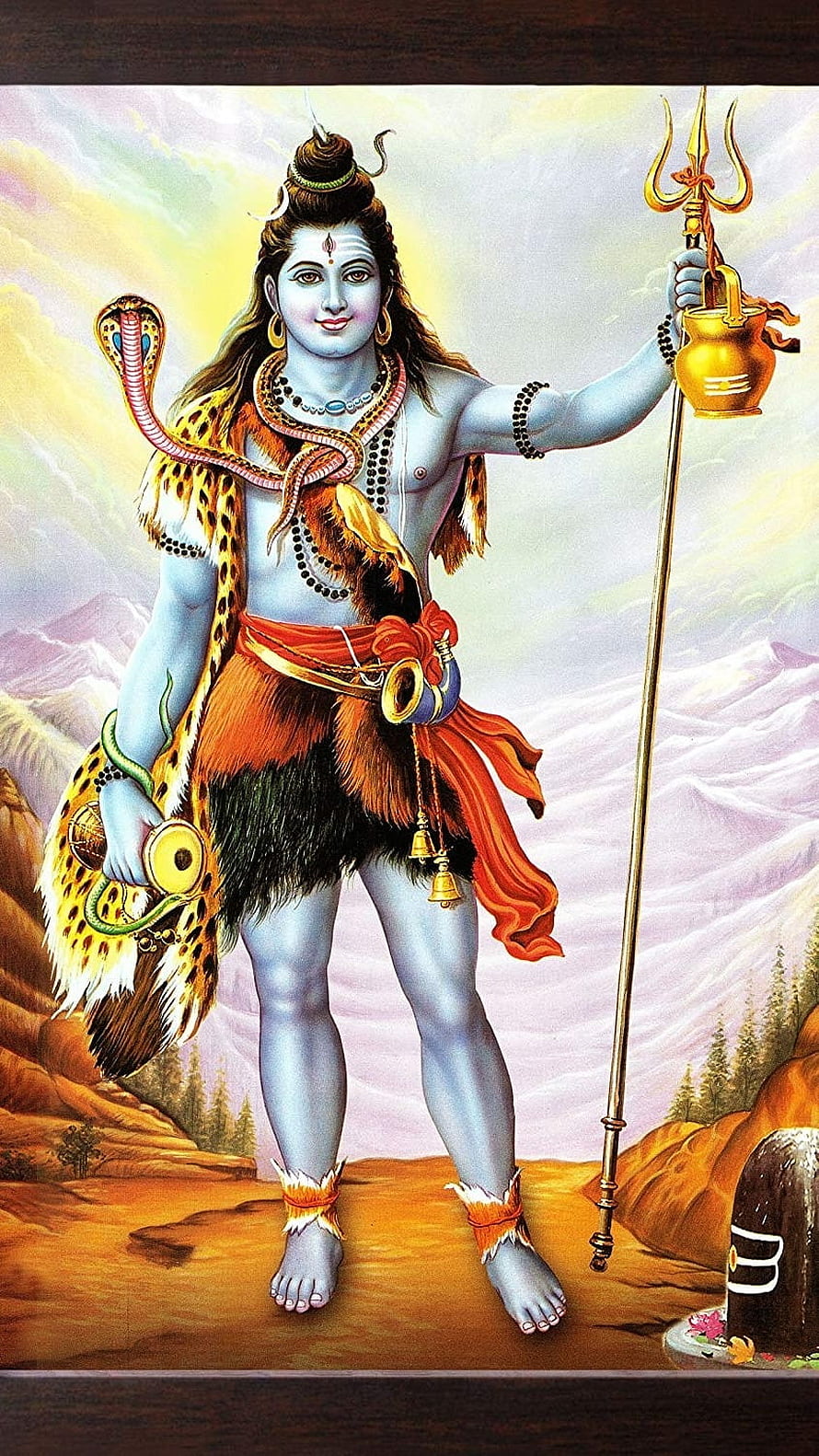 Lord Shiva Hindu God Wallpaper with Trishul, Snake, and Shiva Lingam in Mountain Landscape HD phone wallpaper