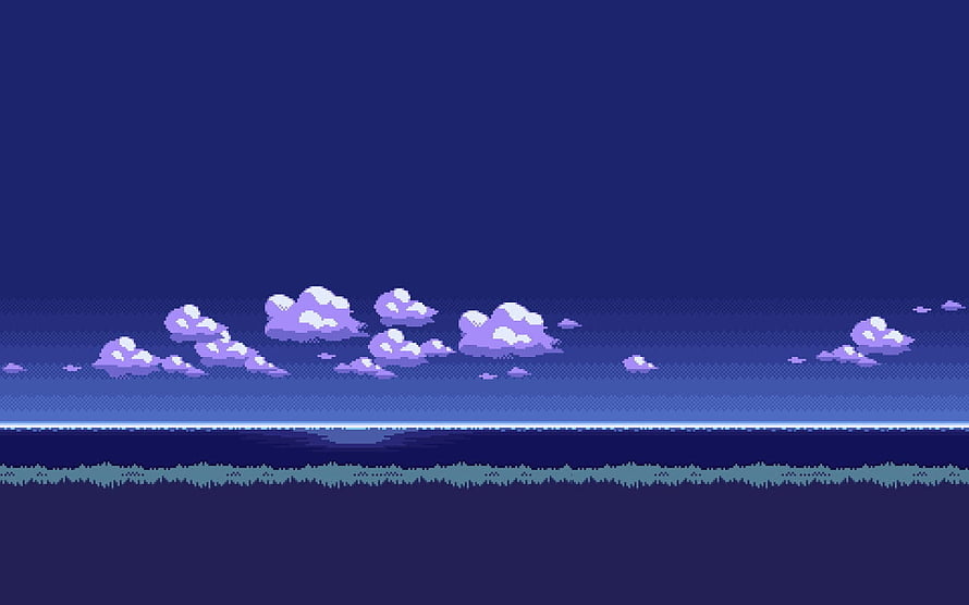 Pixel Art Night Sky Landscape With Purple Clouds And Distant Horizon HD wallpaper