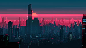 Neon Cyberpunk Cityscape at Sunset with Skyscrapers and Pink Horizon HD wallpaper