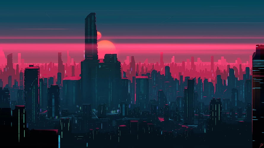 Neon Cyberpunk Cityscape at Sunset with Skyscrapers and Pink Horizon HD wallpaper