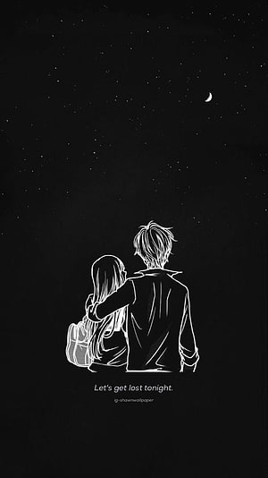 Anime Couple Under Starry Night Sky With Moon And Quote HD phone wallpaper
