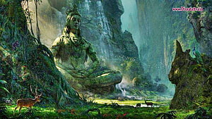 Meditating Shiva in a mystical forest with deer and waterfall HD wallpaper