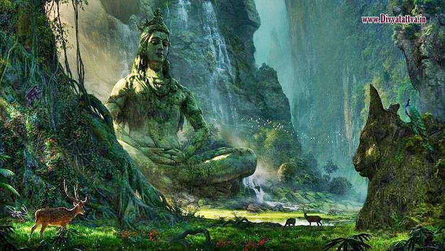 Meditating Shiva in a mystical forest with deer and waterfall HD wallpaper