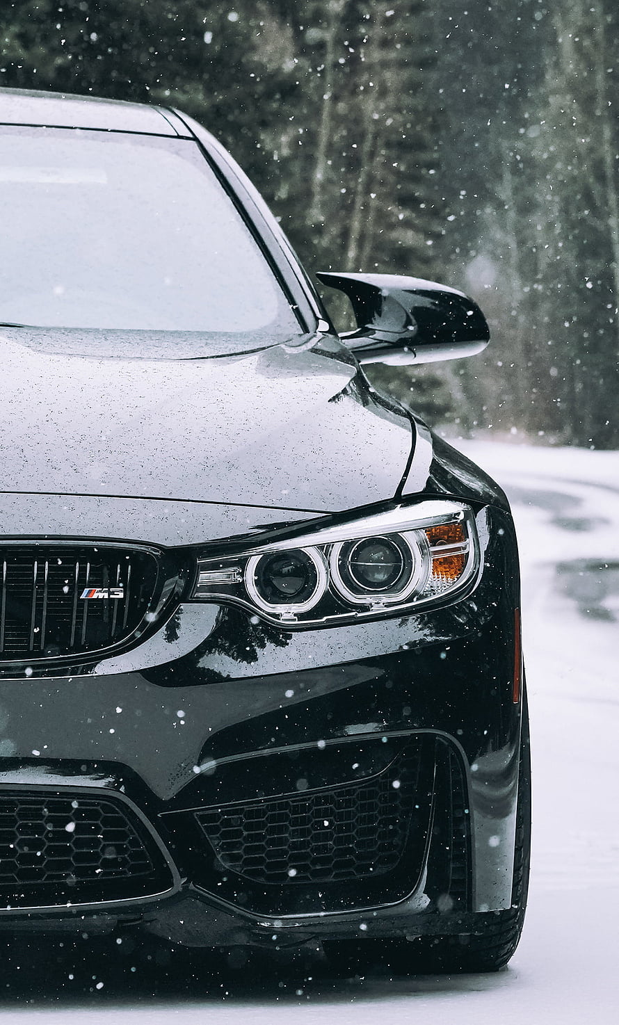 Black BMW M5 Close-Up in Snowy Winter Forest HD phone wallpaper