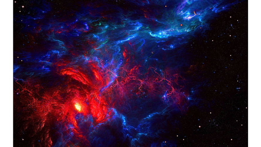 Vibrant Red and Blue Cosmic Nebula with Swirling Gas Clouds and Distant Stars HD wallpaper
