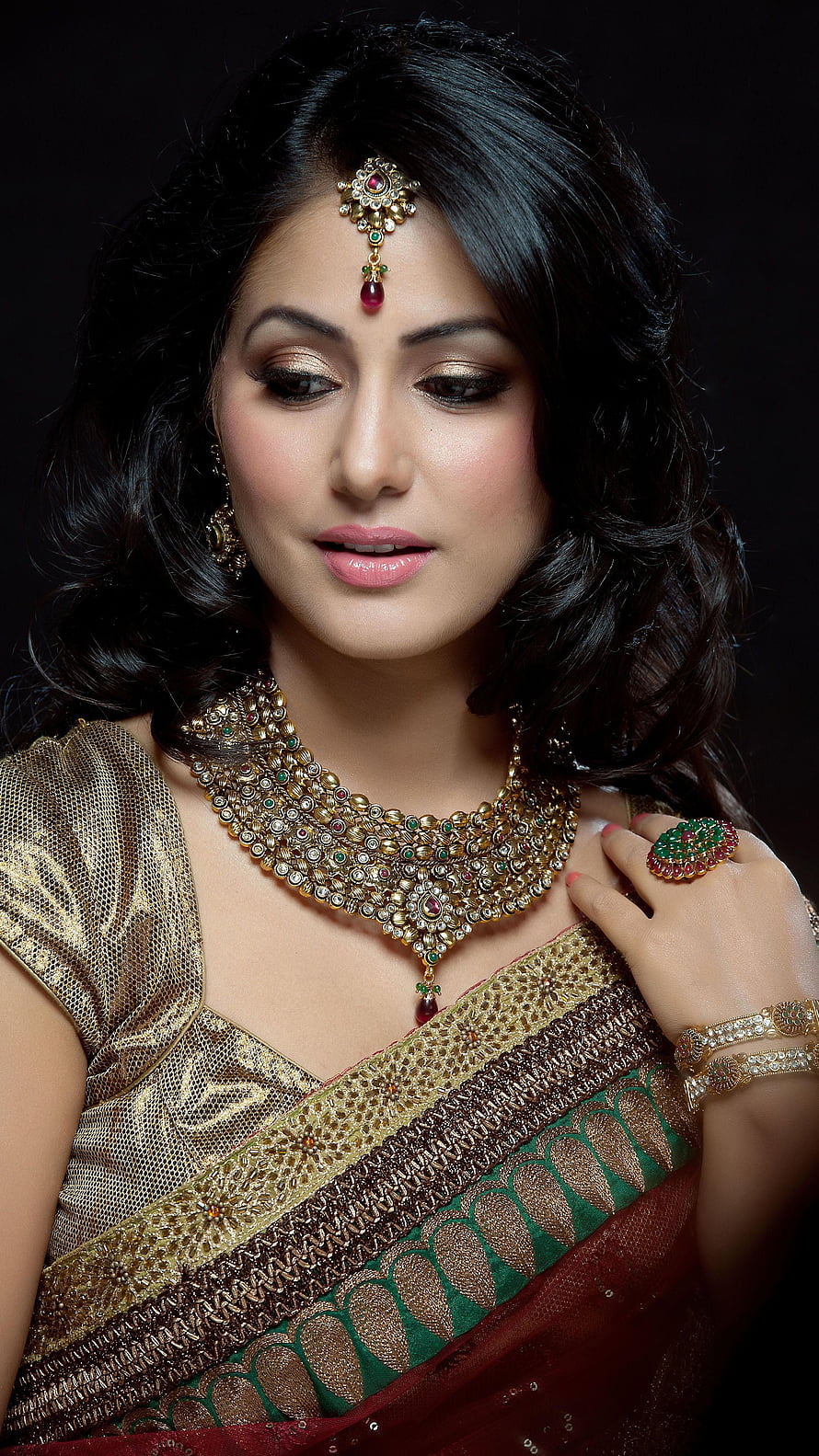 Hina Khan in Traditional Gold and Green Saree with Ornate Jewelry HD phone wallpaper