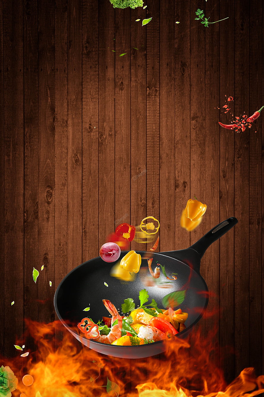 Dynamic Frying Pan with Shrimp and Vegetables Cooking Over Flames on Wooden Background HD phone wallpaper
