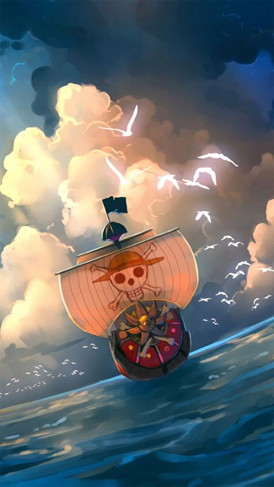 Thousand Sunny Pirate Ship Sailing on Ocean Waves at Sunset HD phone wallpaper
