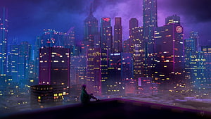 Lone Figure Sitting on Rooftop Overlooking Neon Cyberpunk City at Night HD wallpaper