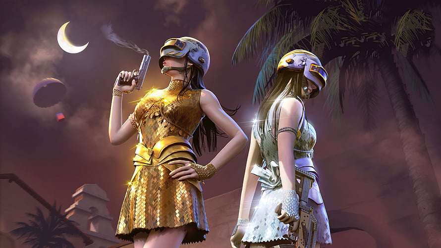 PUBG Mobile Female Characters in Golden and Silver Outfits with Tactical Helmets HD wallpaper