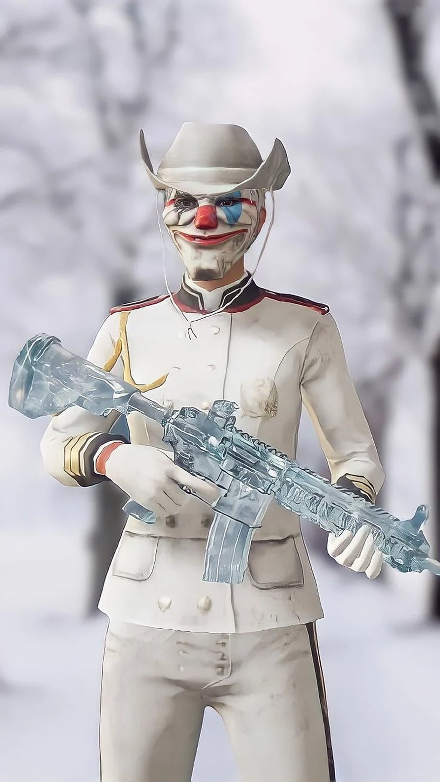 Clown Soldier Character Holding Ice Crystal Assault Rifle in White Uniform HD phone wallpaper