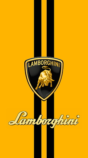 Lamborghini Logo Wallpaper - Golden Bull Emblem on Yellow and Black Striped Background HD phone wallpaper