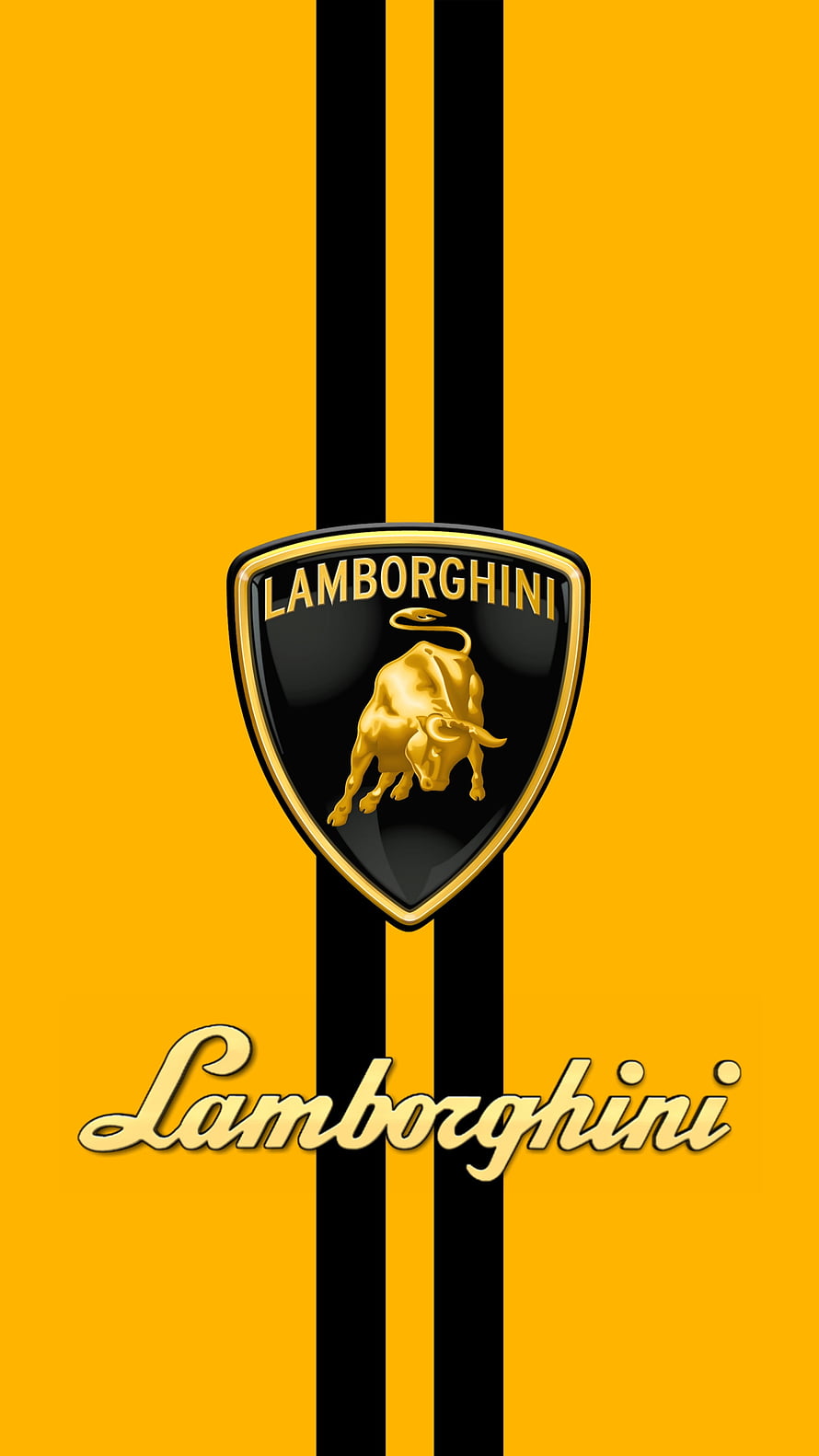 Lamborghini Logo Wallpaper - Golden Bull Emblem on Yellow and Black Striped Background HD phone wallpaper