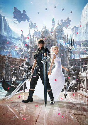 Cloud Strife and Aerith Gainsborough in Final Fantasy VII Remake Fantasy Cityscape HD phone wallpaper