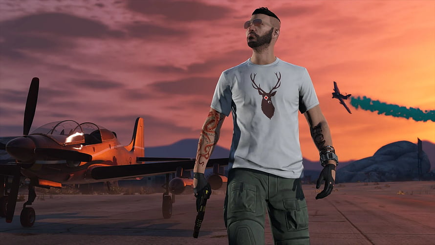 GTA 5 RP Character Standing on Airfield at Sunset with Prop Plane and Jet in Background HD wallpaper