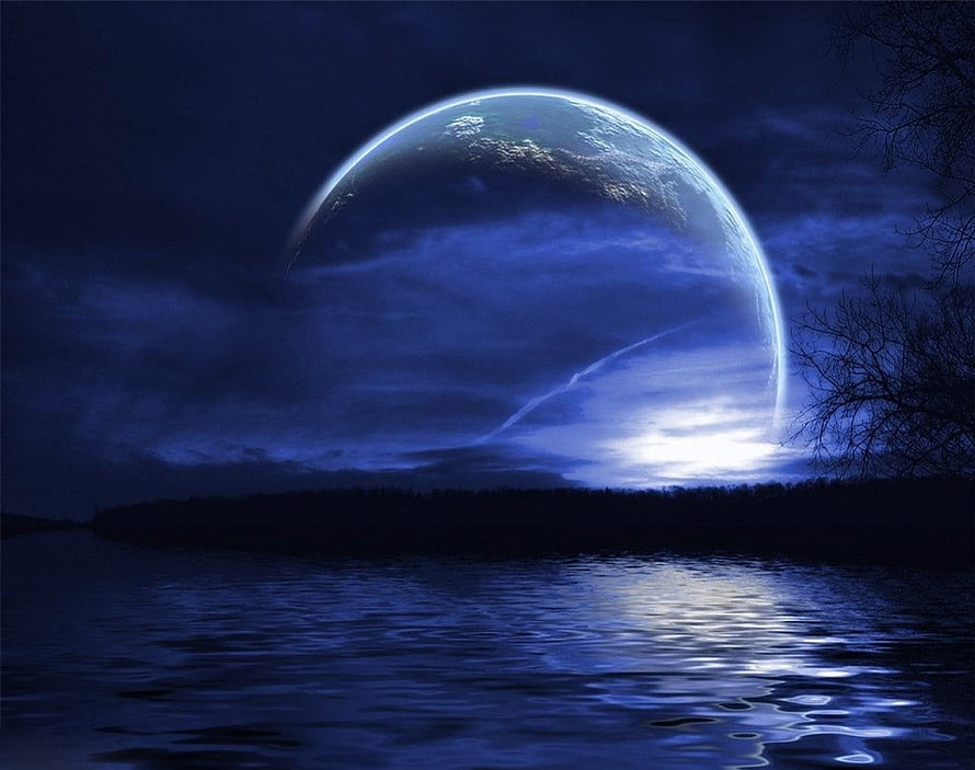 Giant Blue Moon Rising Over Dark Lake at Night with Clouds and Reflection HD wallpaper